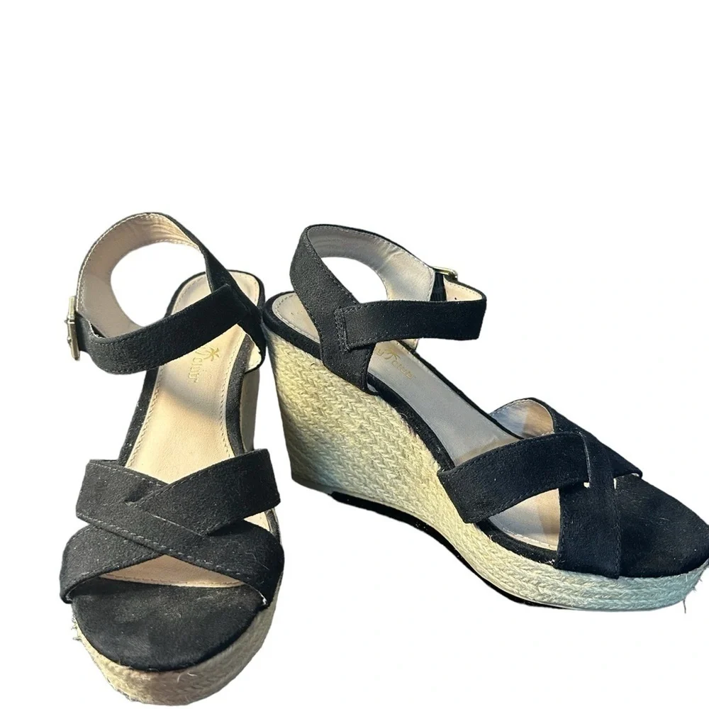 Montego Bay Club Women’s Espadrille Platform Black Wedge Sandals Size 7.5
